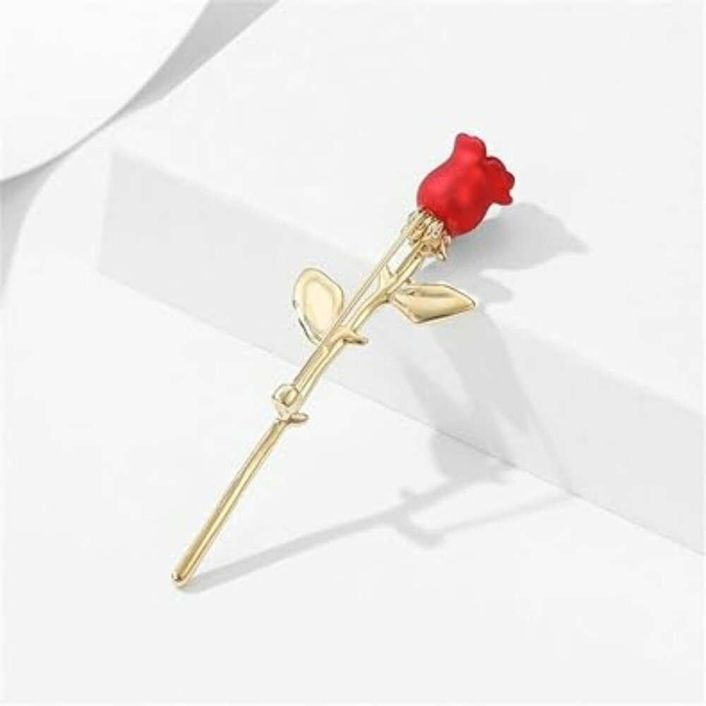 Red Long Stem Rose Flower Brooch Lapel‎ Pin